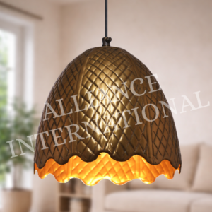 handcrafted embossed metal pendant light with textured pattern & scalloped edge