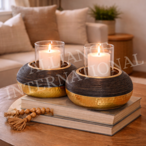 luxury handcrafted dual candle holder set with hammered gold base and textured black finish