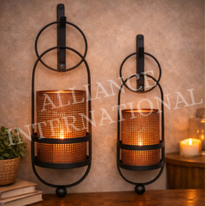 premium set of 3 tall modern black metal outdoor lanterns with copper perforated inner candle holders