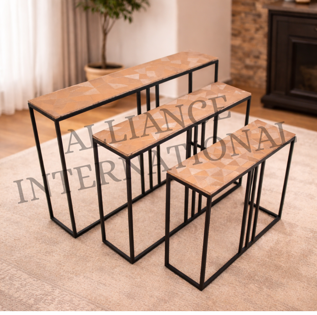 handcrafted geometric pattern metal nesting console table set of 3 handcrafted geometric pattern metal nesting console table set of 3