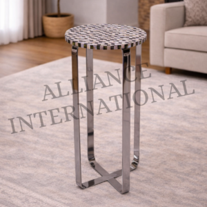 luxury round marble top side table with gold metal & solid wood legs
