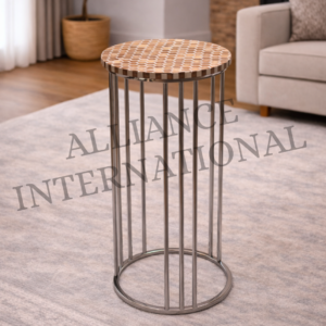luxury round marble top side table with gold metal & solid wood legs